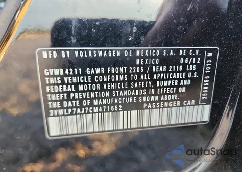 2012 Volkswagen Jetta Sel z USA, uszkodzony, nr VIN 3VWLP7AJ7CM471652